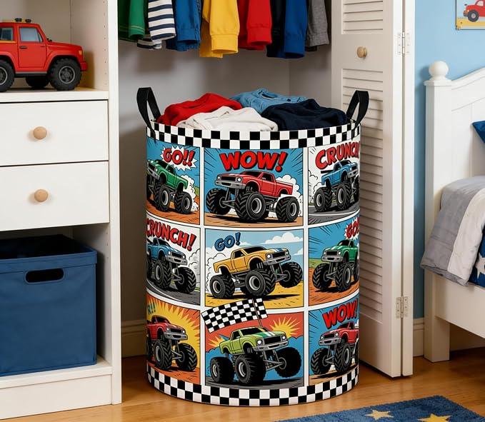 Baby Laundry Basket Baby Nursery Hamper Kids Laundry Basket Toy Storage Bin for Boys Room Decor Gift Baskets for Bedroom Bathroom(Truck) - Image 3