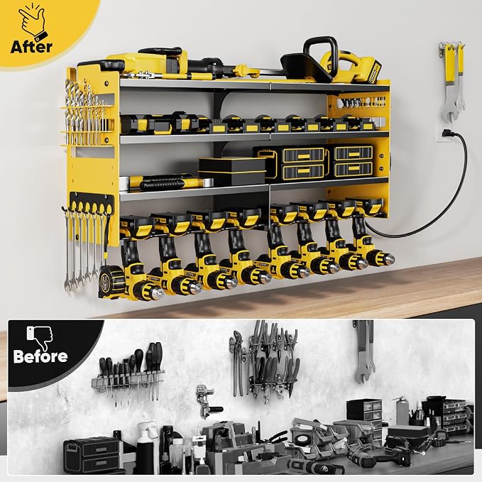 POKIPO Large Power Tool Organizer Wall Mount with Charging Station,4 Layer Heavy Duty Metal Storage Rack Loads 600lbs with 8 Cordless Drill Holder,Battery Utility Rack Gift for Garage workshops Room - Image 6