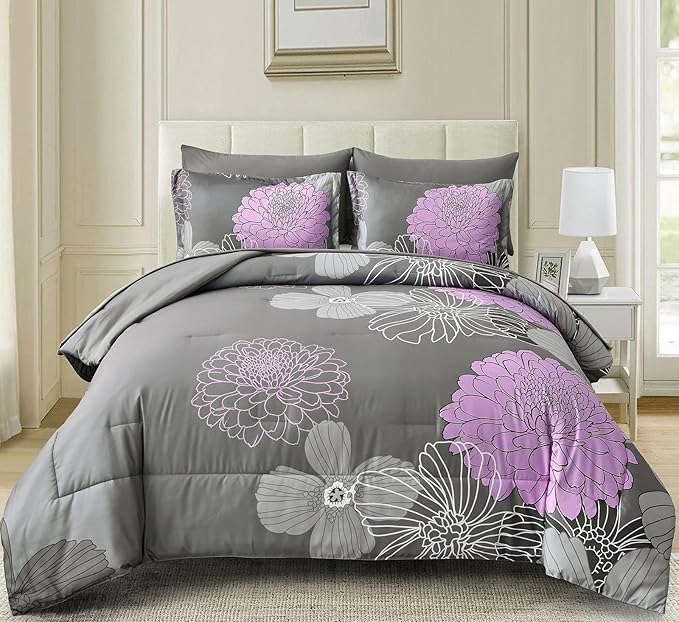 Yiran 7 Pieces Bed in a Bag Comforter Set Queen Size Grey Purple Bedding Sets Floral Soft Microfiber Comforter for All Seasons 90"×90"