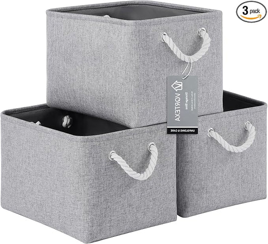 Large Storage Baskets- 15x11x10 inch Storage Bins for Shelves and Closet Organizing, Foldable Fabric Bin for Home Organization Clothes and Laundry (3-Pack, Gray) by VQRTEXAStorageBasket