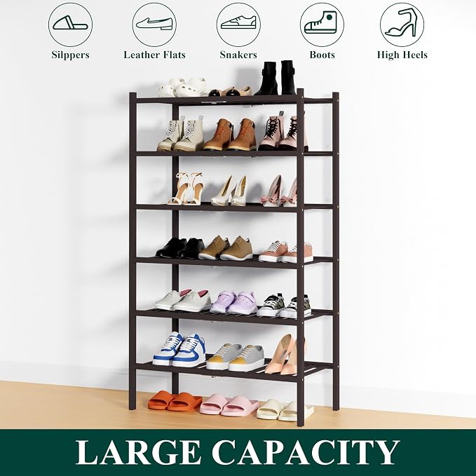 Smiry Shoe Rack, 6 Tier Thick Bamboo Shoe Organizer, Stackable Free Standing Wooden Shoe Storage Shelf for Closet, Entryway, Front Door Entrance, Brown - Image 6