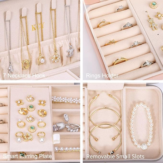 KCY Travel Jewelry Organizer Box for Women Girls, Small Travel Jewelry Case, PU Leather Portable Jewellery Storage Boxes Display Holder for Ring Earrings Necklace Bracelet Bangle, Gifts, Pink - Image 3