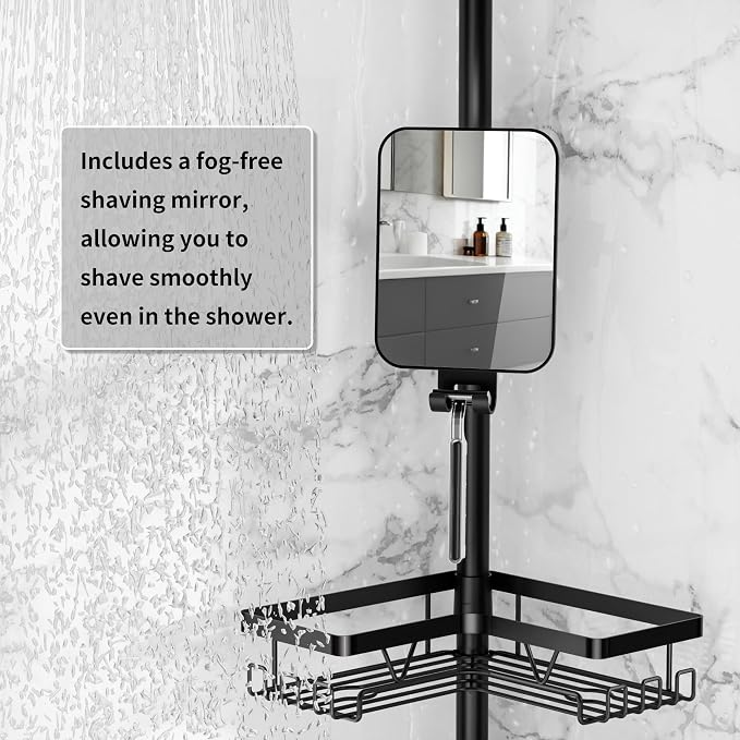 DAOYA Shower Caddy Tension Pole with Anti-Fog Shaving Mirror, Tension Rod Shower Caddy Corner for Bathroom Organizer, Black - Image 2