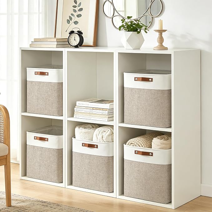 Bagnizer Large Fabric Storage Baskets | 50L Storage Bins, Decorative Linen Closet Baskets with Handles for Organizing, Shelf, Toys, Clothes, Home, Office, Nursery, 17x12x15Inches (Beige&White) - Image 3
