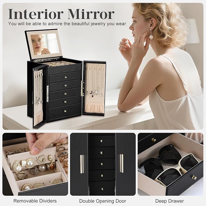 Dajasan Large Jewelry Organizer Box with 5 Drawers, Jewelry Box for Women, 6-Tier Jewelry Storage Organizer with Mirror for Necklace Ring Bracelet Watch, Gift Idea (Black) - Image 6