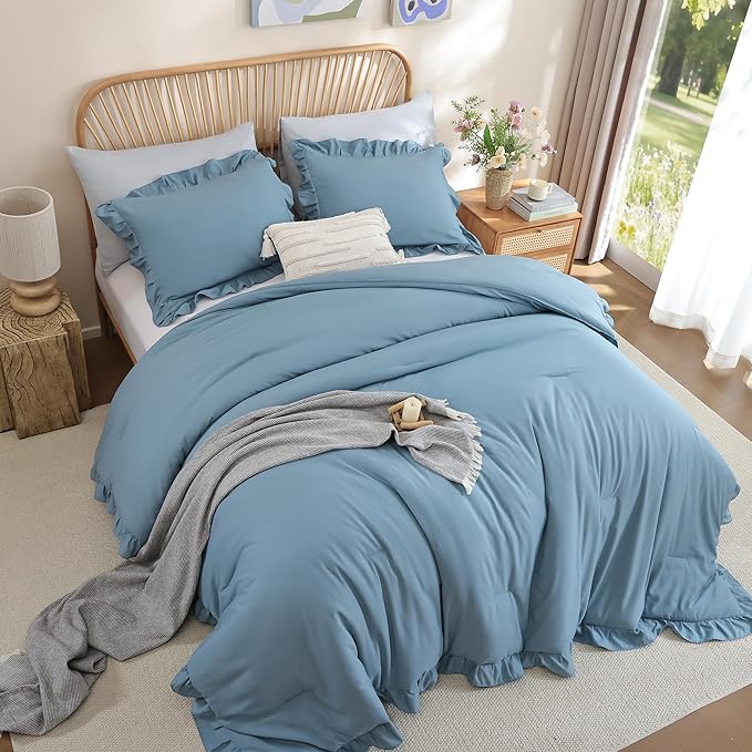 JANZAA King Size Comforter Set Mineral Blue Ruffle Comforter 3PCS Soft Fluffy Boho Comforter Vintage Farmhouse Bed Comforter Set Shabby Chic Bedding with 2 Pillowcases for All Season