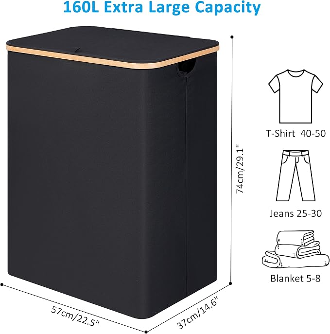efluky Double Laundry Hamper with Lid, Divided Laundry Hamper with Removable Bags, 2 Section Dirty Clothes Basket with Handles for Bathroom, Bedroom & Laundry Room, 160L Black - Image 4