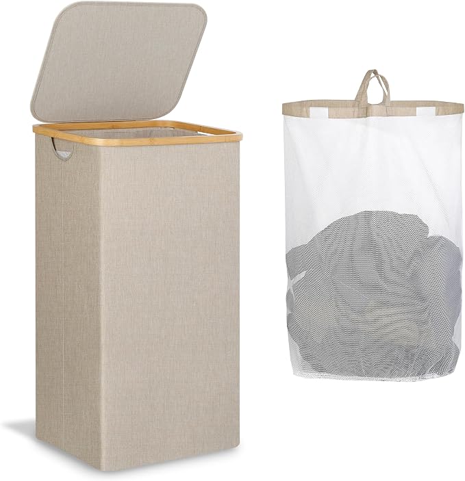 IEGrow Laundry Basket with Lid, Large Laundry Hamper with Handle and Lid, Collapsible Clothes Basket Organizer with Removable Inner Bag for Clothes Toys Towels (Oatmeal, 110L) by iEGrow