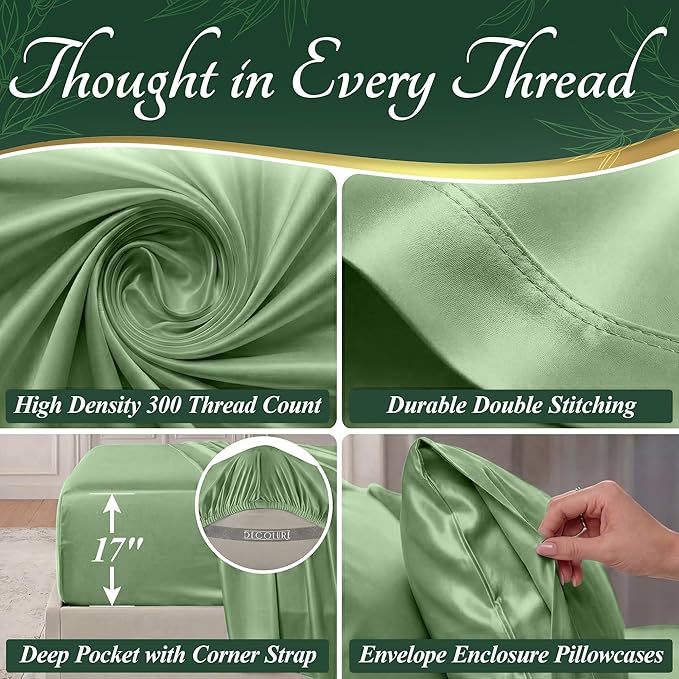 DECOLURE 100% Viscose Derived from Bamboo Sheets California King Size - Luxury 6 Pc Naturally Cooling Sheets, Ultra Soft Bed Set - Deep 17" Pockets, Double Stitching, Oeko Tex Standard (Sage Green)