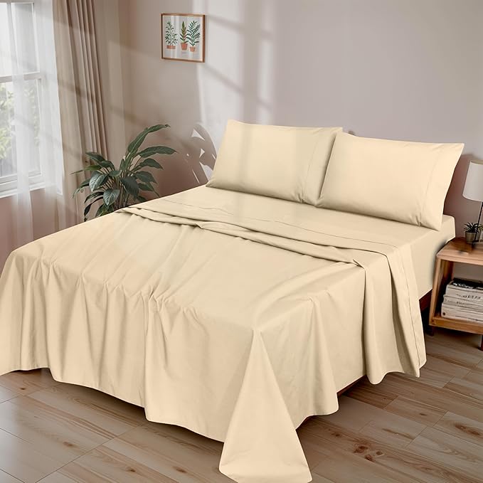 RUVANTI 100% Cotton Sheets – Twin Size Percale Bedding, Cooling & Breathable, Durable with a Crisp, Soft & Comfortable Feel, 16" Deep Pocket, 3-Piece Set, Beige