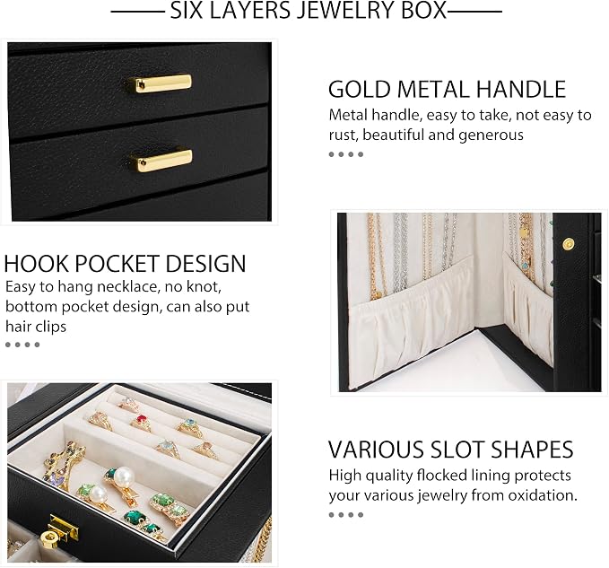 AKOZLIN Jewelry Box Organizer Functional Leather Jewelry Storage Case for Women Girls Ring Necklace Earring Bracelet Holder Organizer with Mirror Black - Image 5
