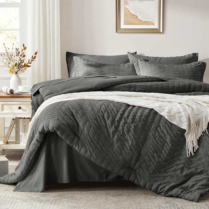 Zzlpp King Comforter Set 7 pieces, Dark Grey Seersucker Bed in a Bag with Comforter and Sheets, All Season Bedding Sets with 1 Comforter, 2 Pillow Shams, 2 Pillowcases, 1 Flat Sheet, 1 Fitted Sheet