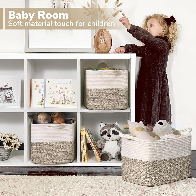 Goodpick Woven Storage Baskets for Organizing, Baby Basket for Gifts, Dog Toy Storage Bins for Shelves, Cute Baskets for Home Decor, Rope Basket for Towels, 13" x 10" x 9", Brown - Image 3