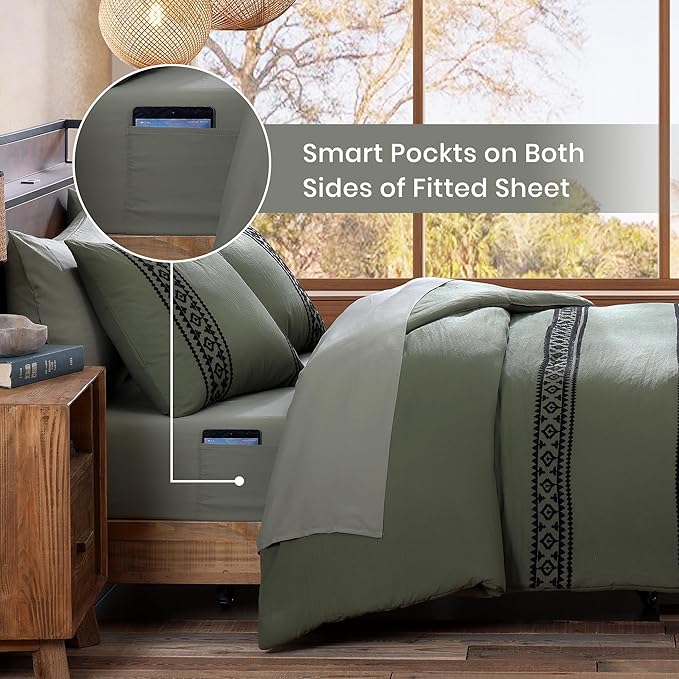 MaiRêve Embroidery Comforter Set, Boho Farmhouse Western Bedding Set, All Season Bed in A Bag Comforter Set with Sheets, Pillowcases & Shams, Olive Green King 7 Pieces
