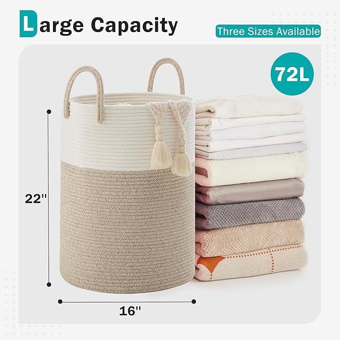 Cotton Rope Laundry Basket by YOUDENOVA, 72L Woven Collapsible Laundry Hamper, Clothes Hamper with Reinforced Handles in the Laundry Room, Bedroom, Bathroom, Brown - Image 2