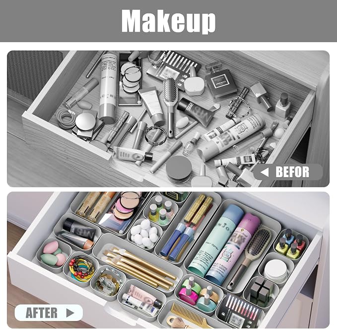 18 pcs Desk Drawer Organizer Tray, Multiple Sizes Plastic Drawer Organizer Storage, Stackable Organizer Containers For Makeup, Bedroom, Kitchen Gadgets Utensils and Office - Image 8
