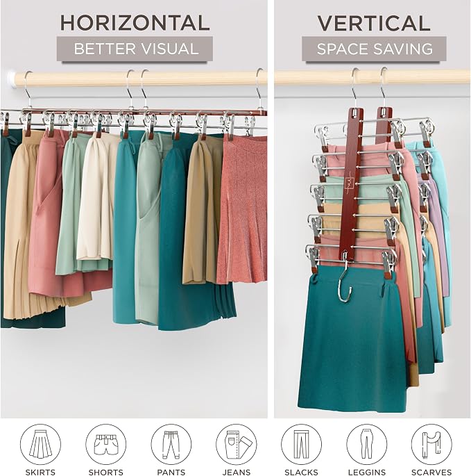MORALVE Skirt Hangers Space Saving with Clips - 2 Pack - European Beechwood 5-Tier Hanger for Shorts, Skirts, and Pants - Closet Organizer and Storage Solution for Women with 360° Swivel Hook - Image 4