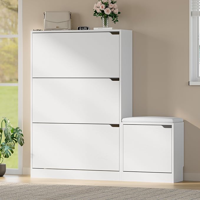 BORNOON Shoe Cabinet with Bench and 3 Flip Drawers, Slim Narrow Shoe Storage Cabinet, Freestanding Shoe Rack Organizer with Adjustable & Removable Shelves, Anti-Tip for Entryway, Hallway, Foyer - Image 3