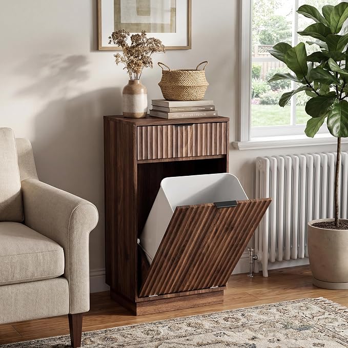 Tilt-Out Trash Cabinet with 10-Gallon Capacity, Walnut Laundry Hamper Cabinet, 34.3 x 19 x 13.8 inches, Wave-Textured Front. - Image 6