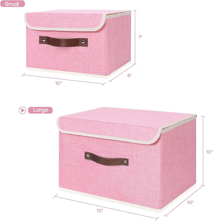 ANMINY 2PCS Storage Bins with Lid PU Leather Handles Storage Boxes PP Plastic Board Decorative Foldable Lidded Cotton Linen Fabric Home Cubes Baskets Closet Organizer Containers - Pink, Large Size - Image 5