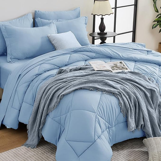 HEVUMYI Light Blue Queen Comforter Set - 7-Piece All Season Bed in a Bag Queen, Ultra Soft Bedding Set with Comforter, Flat Sheet, Fitted Sheet, Pillowcases, Pillow Shams