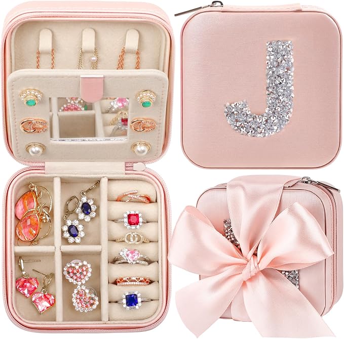 CHMI Personalized Jewelry Box for Women and Girls - Travel Essential and Birthday Gift - Bridesmaid Gift - Initial Pink J by CHMI