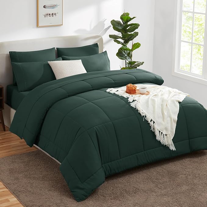 CozyLux Queen Comforter Set Forest Green, 7 Pieces Bed in a Bag, Green Comforters Queen Size, All Season Bedding Sets with Stitch Quilted Comforter, Flat Sheet, Fitted Sheet, Pillowcases