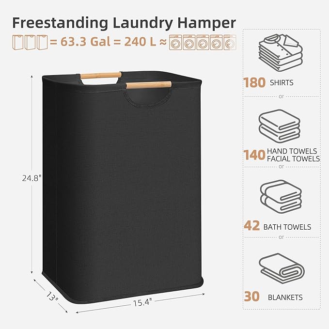 STORAGE MANIAC 3-Pack Large Laundry Hamper, 80L (21.1 Gal) Collapsible Laundry Basket with Bamboo Handles, Freestanding Waterproof Clothes Hamper for Laundry Room, Bedroom, Dorm, Towels, Toys, Black - Image 3