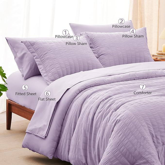 CozyLux King Size Comforter Set Light Purple Seersucker 7 Pieces Bed in a Bag King Comforter Set with Sheets, Lavender Luxury Bedding Sets with Down Alternative Comforter, Sheets, Pillowcases & Shams