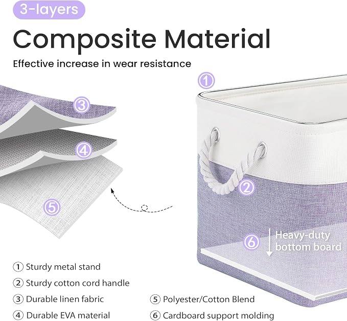 Large Storage Baskets- 15x11x10 inch Storage Bins for Shelves and Closet Organizing, Foldable Fabric Bin for Home Organization Clothes and Laundry (3-Pack, White&Purple) - Image 2