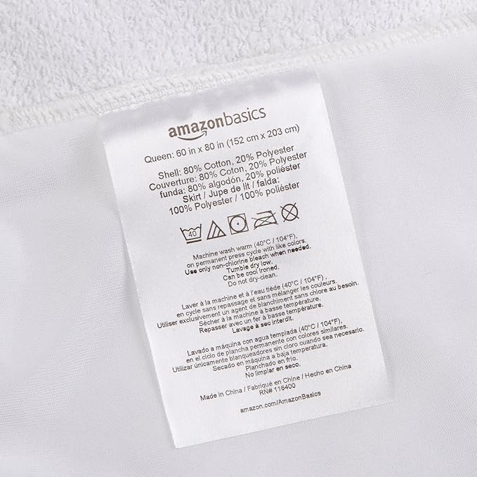 Amazon Basics Waterproof Breathable Mattress Protector, Queen Size, 18 inch Deep, Machine Washable, White