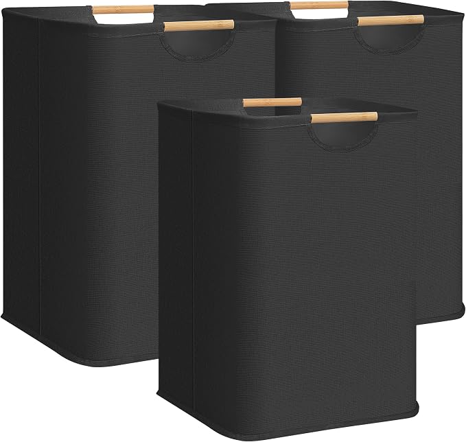 STORAGE MANIAC 3-Pack Large Laundry Hamper, 100L (26.4 Gal) Collapsible Laundry Basket with Bamboo Handles, Freestanding Waterproof Clothes Hamper for Laundry Room, Bedroom, Dorm, Towels, Toys, Black by STORAGEMANIAC