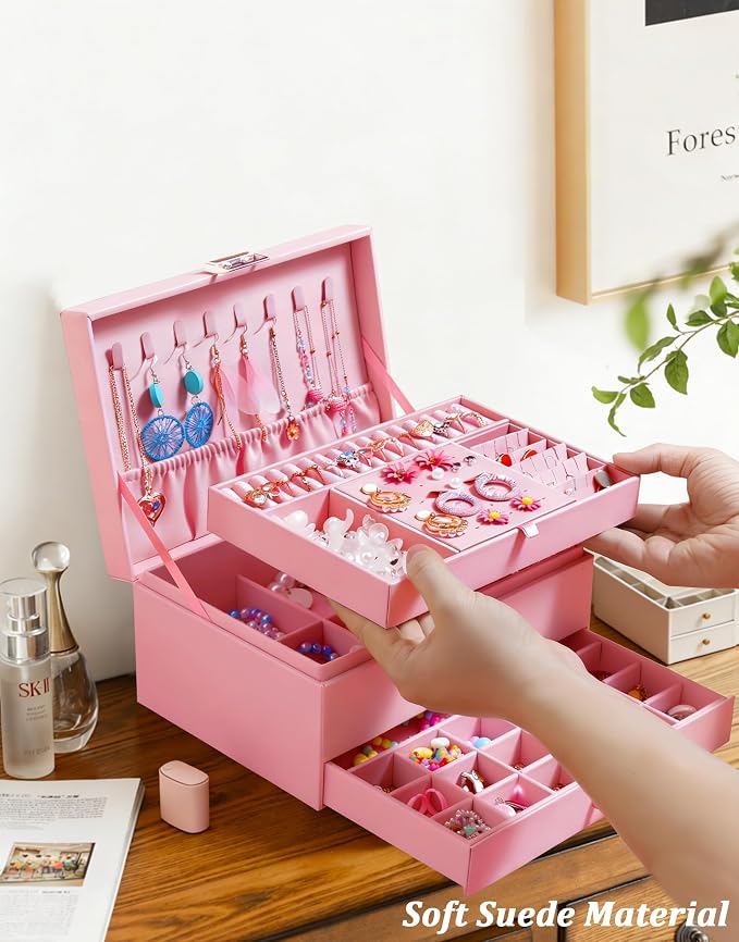 QBestry 3-Layer Jewelry Box for Girls & Teens with Lock and Key, Large Jewelry Organizer with 8 Necklace Hooks & 56 Earring Holes, Pink Velvet Jewelry Storage Box for Necklaces Earrings Rings Bracelet - Image 8