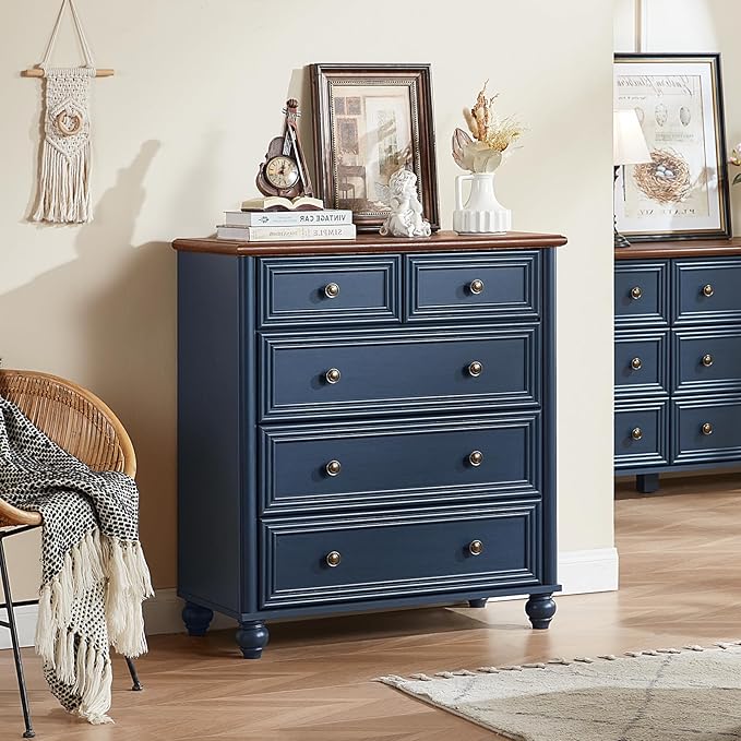 RWYHG Farmhouse 5 Drawer Dresser Set of 2, Blue Rustic Chest of Drawers, 35.5" Tall Small Dressers for Bedroom with Roman Column and Metal Handles,Wood Storage Organizer for Living Room,Hallway,Closet