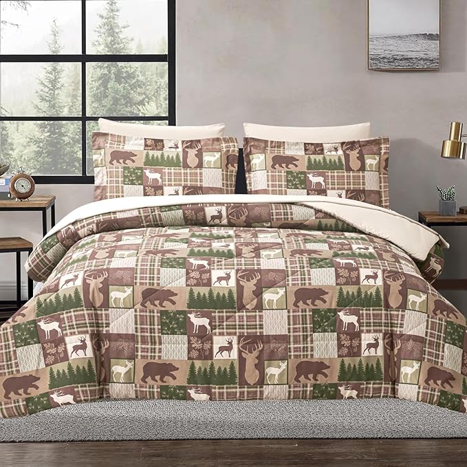Comforter Set King Size Bear Moose Plaid Comforter Bedding-7 Piece Bed in a Bag,Soft Reversible Patchwork Microfiber Bedding Set (1 Comforter,1 Flat Sheet,1 Fitted Sheet,2 Pillowcases,2 Pillow Shams)