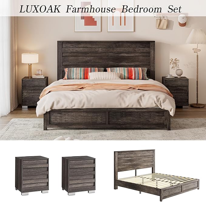 LUXOAK 3 Pcs Bedroom Furniture Sets,Includes Farmhouse Queen Size Bed Frame with 49" Tall Headboard and Nightstand Sets of 2 with Charging Station, Slated Handles & Stainless Steel Feet, Rustic Grey
