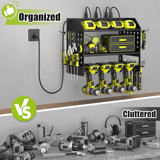 SUNALLY Power Tool Organizer Wall Mount with Charging Station,3 Layer Heavy Duty Metal Tool Storage Rack with 4 Drill Holders, Power Tool Shelf for Garage, Warehouse, Workshop, Gifts for Men, Husband - Image 3
