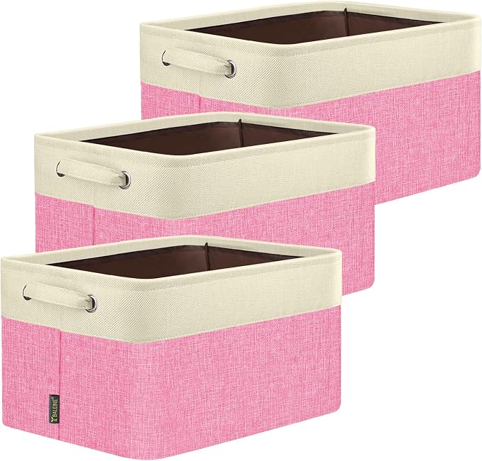 BALEINE 3 Pack Fabric Closet Storage Bins for Shelves, Linen Closet Organizers and Storage, Decorative Baskets for Organizing, Shelf, Clothes, Home, Office (Pink, 17''x13''x10.5'') by BALEINE