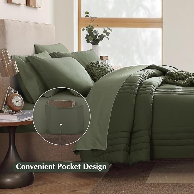 Monbix Oversized King Size Comforter Set - 7 Pieces Olive Green Bed in a Bag Oversized King Bedding Sets with Comforters, All Seasons Comforter Bed Set with Sheets, Pillowcases & Shams