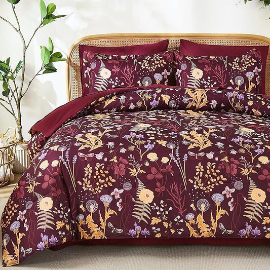 Yiran Queen Comforter Set 7 Piece, Burgundy Floral Bedding Set, Bed in a Bag Queen Size with Botanical Flowers Spring, Soft Lightweight Dark Red Comforters with Sheets Complete for All Season