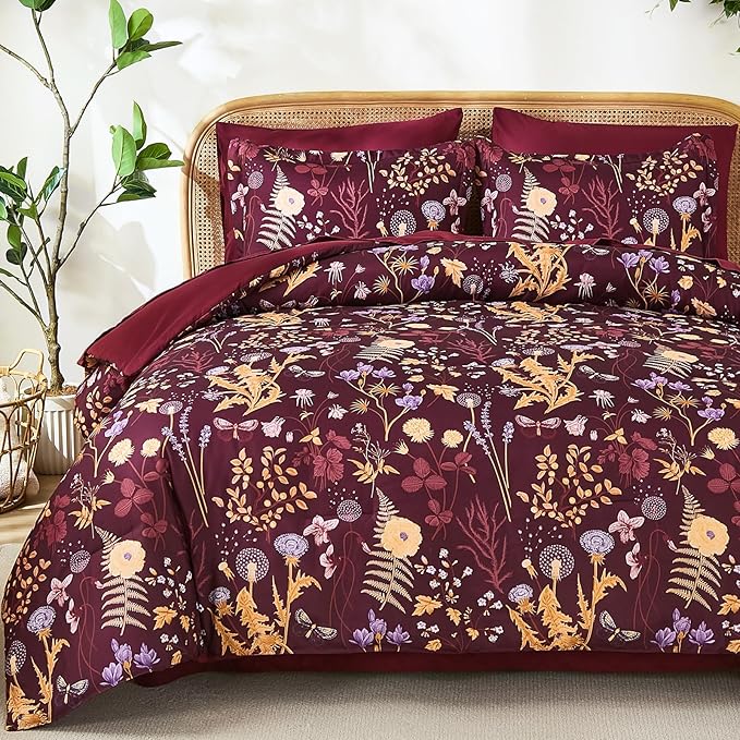 Yiran King Size Comforter Set 7 Piece, Burgundy Floral Bedding Set, Lightweight Bed in a Bag King with Botanical Flowers Spring, Soft Warm Dark Red Comforters with Sheets Complete for All Season
