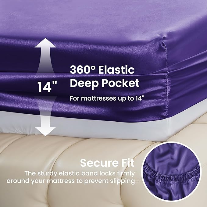 Love's cabin Full Size Satin Sheet Sets - 4 Piece Purple Silky Sheet Set Full with Deep Pocket, Luxury Silk Feel Bed Sheets Full Bedding Set (1 Flat Sheet,1 Fitted Sheet,2 Pillow Cases)