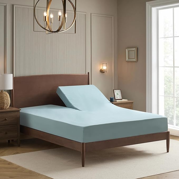 Split Head King Sheets Set for Adjustable Beds 4 Piece Flex Top Bed Sheets – Deep Pocket Split Top Fitted Sheet with Built-in Corner Straps, Luxury Soft Cooling Bedding, Wrinkle Resistant, Misty Blue