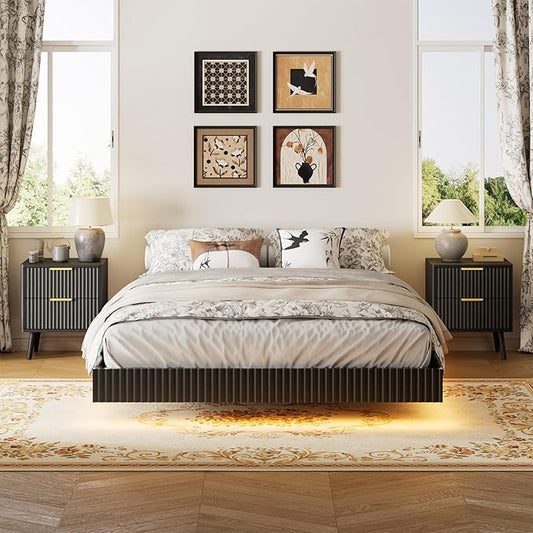 LYNSOM 3 Pieces Queen Bedroom Set, Floating Bed Frame with Smart LED Lights & Nightstand Set of 2, Fluted Bedroom Furniture Set for Home, Bedroom, Black