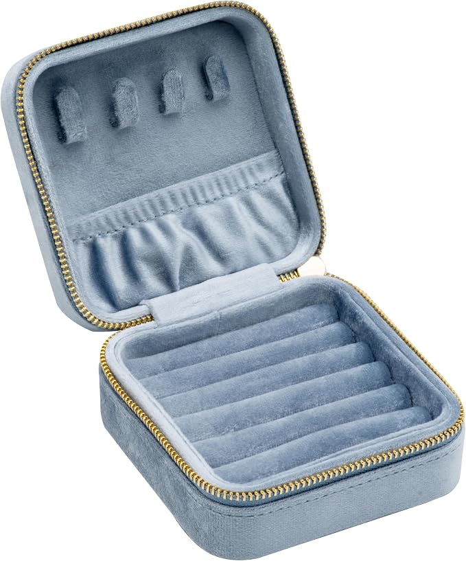 Velvet Multiple Square Ring Box Jewelry Organizer Display Tray with Zipper Around, Earring Holder Case for Wedding Birthday Christmas Valentine Day (Light Ocean Blue) - Image 7