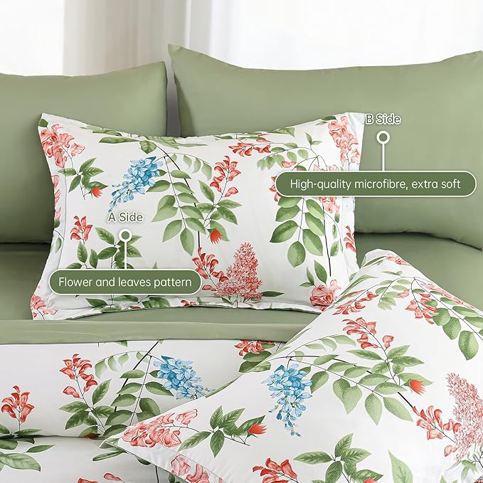Green Comforter Set Queen Size Floral 7-Piece Bedding Set,Botanical Comforter Set with Pillowcases,Soft Microfiber Complete Bedding Sets for All Season