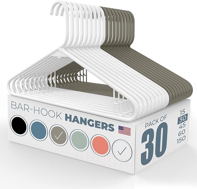 Neaties Plastic Hangers 30 Pack – Made in The USA – 6lb Capacity Standard Clothes Hangers with Strap Hooks for Dresses, Lingerie, Shirts, Pants, and Jackets – White & Gray by NeatiesHangers