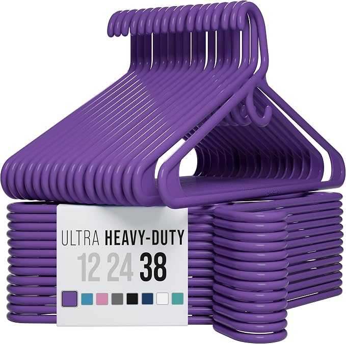 NEATERIZE Thick Heavy Duty Hangers - Purple Plastic Clothes Hangers 38 Pack - Great for Coat Hanger, Jackets Jeans & Suit Hanger for Closet, New Apartment Essentials Percheros Ganchos para Colgar Ropa by Neaterize