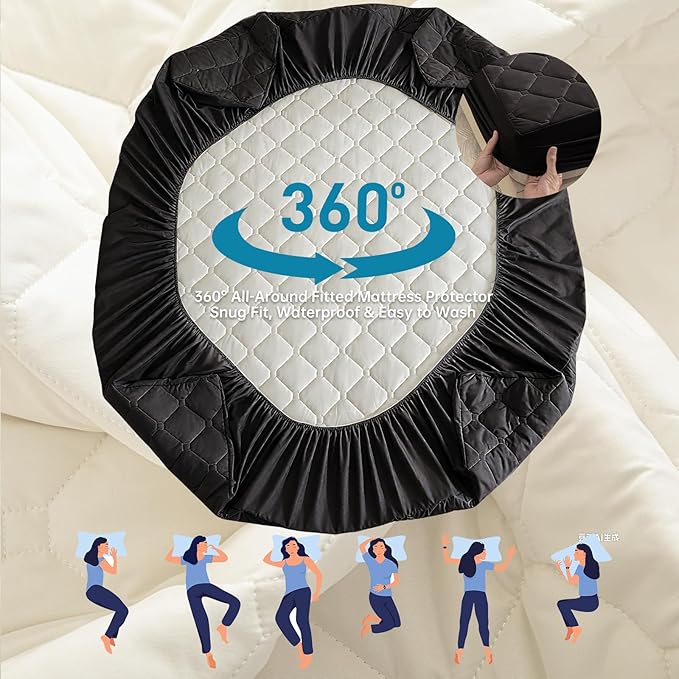 Waterproof Mattress Protector Full, 18” Deep Pocket Fitted Mattress Topper+2pcs Pillow Cases - Leakproof, Oeko-TEX Certified, Breathable & Noiseless,Machine Washable (Black)