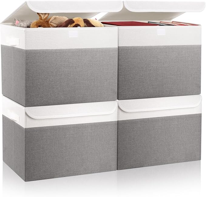 Bagnizer Large 22 Quart Linen Fabric Foldable Storage Bin Cube Organizer Basket with Flip-Top Lid & Handles, Clothes Blanket Box for Home, Office, Closet, Gray & White, 4 Pack 14.6 x 9.5 x 9.5” by Bagnizer